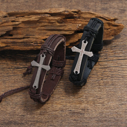 Retro Punk Metall Kreuz Bibel Armband Handgewebtes Rindsleder Verstellbares Armband Christliches Zubehör Unisex Schmuck Geschenk