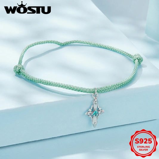 WOSTU Sternenlicht-Kreuz-Armband aus 925er-Sterlingsilber, grünes Seil für Damen, verstellbar, Glücksgeschenk, edler Schmuck