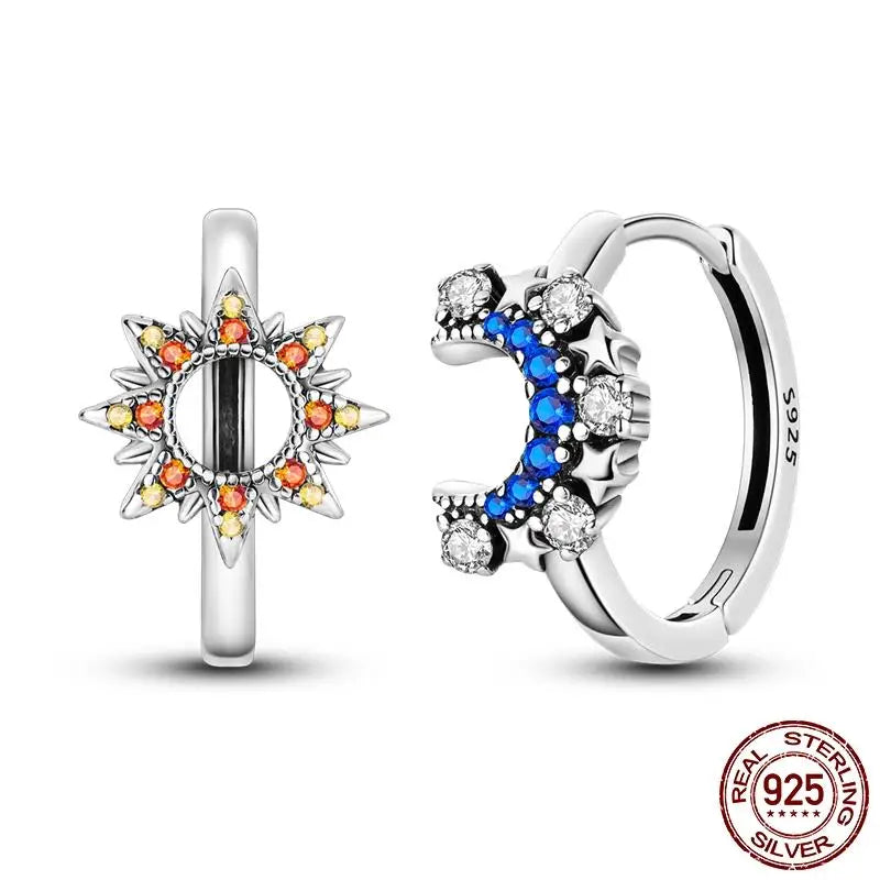 Leuchtende Muschel-Ohrringe für Damen, Original-Ohrringe aus 925er-Sterlingsilber, Pavé-CZ-Stern, Mond, Creolen, Verlobung, Hochzeit, Schmuck