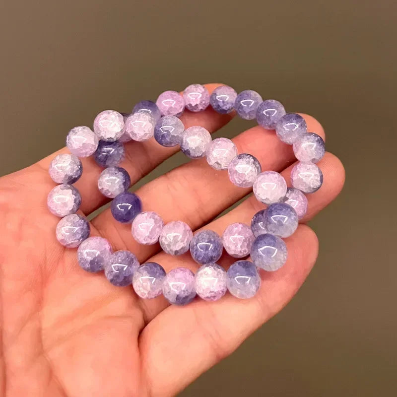 Natürliches rosa/buntes Kristall-/Porzellan-Armband mit Eis-Rissmuster und gemusterten Perlen, einzelner Kreis, glücklicher Heilstein, Schmuck, Geschenk