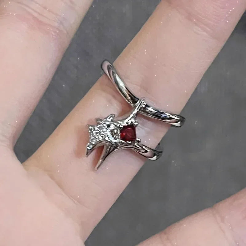 Verstellbarer Öffnungsring für Frauen, unregelmäßiger roter Kristallglas-Herz, ästhetische Ringe, Gothic-Tier-Spinnenring, kreativer Schmuck