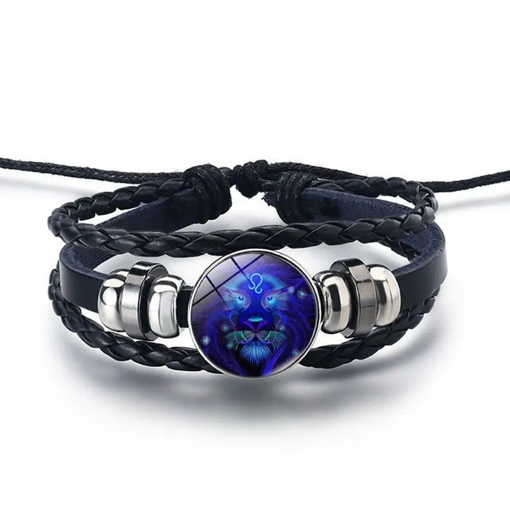 12 Sternbild Edelstein Leder Armband Männer Frauen Glas Armband Paar Leder mehr schicht ige Webart Geburtstags geschenk Armreif Edelstein