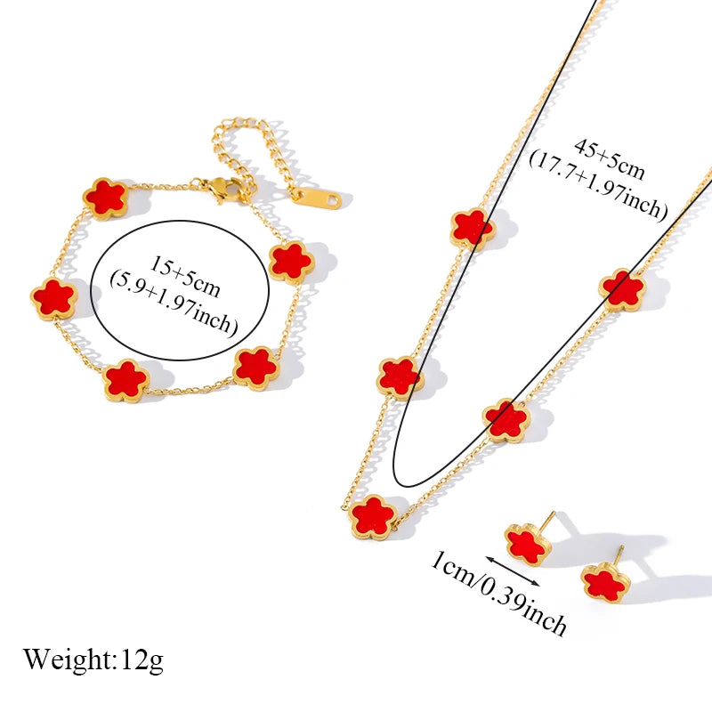 Eilieck 316l Edelstahl rot fünf blättriges Kleeblatt Halskette Armbänder Ohrringe Set für Frauen neue trend ige Geschenk Blumen Schmuck Set