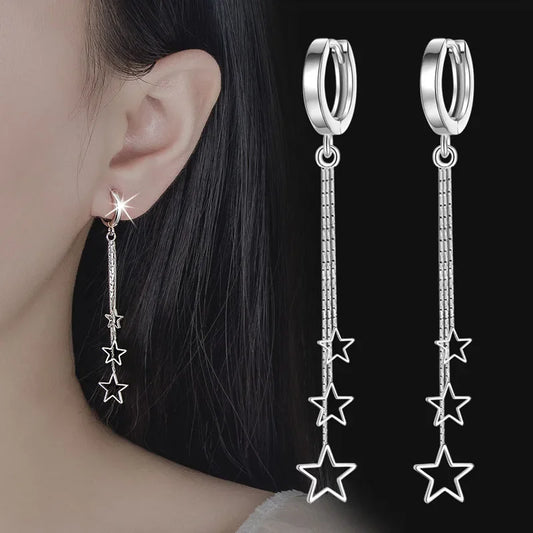 Elegante, beliebte Drei-Sterne-Creolen für Damen, 925er-Sterlingsilber, Party-Schmuck, wunderschöner langer Quasten-Ohrring, elegant