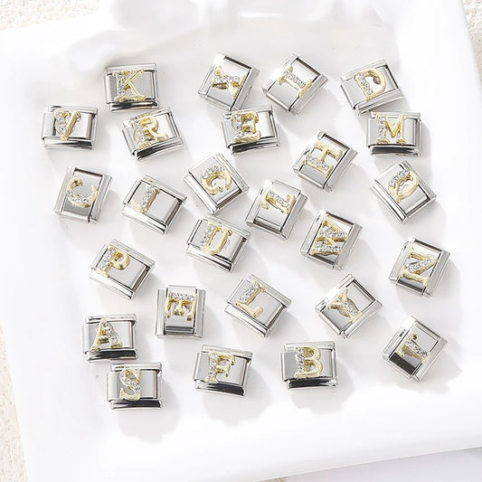 Neues modisches italienisches Armband mit 26 englischen Buchstaben, Edelstahl-Armreif, goldfarben, eingelegter Zirkonia, DIY-Herstellung von Schmuck, Geschenken
