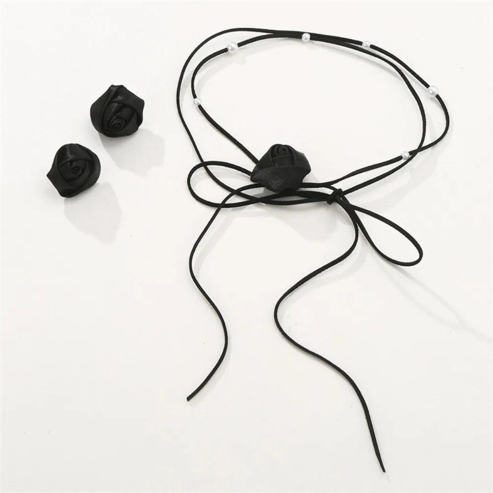 2-teiliges Denim-Kamelien-Perlen-Krawatten-Halsketten-Ohrring-Set für Damen, Modeschmuck, Geschenk