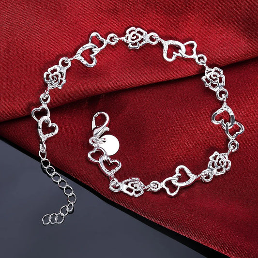 Wunderschönes Armband aus 925er Sterlingsilber für Damen, Armband HERZ, schöne BLUMENkette, Mode, Hochzeit, Party, süße Dame, schöner Schmuck