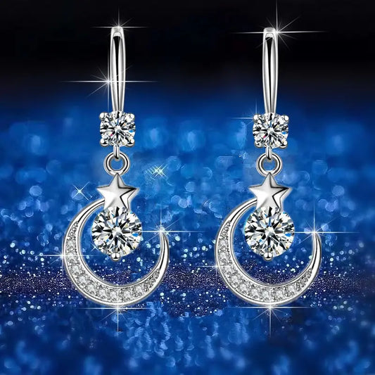 Weibliche Mode Stern Mond Ohrringe 925 Sterling Silber Weißer Saphir Rosa Blau Weiß Künstliche Baumeln Ohrringe