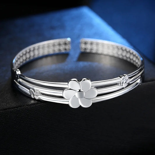 Offener Armreif mit Blumenmuster aus 925er-Sterlingsilber für Damen, luxuriöser Schmuck und Schmuck