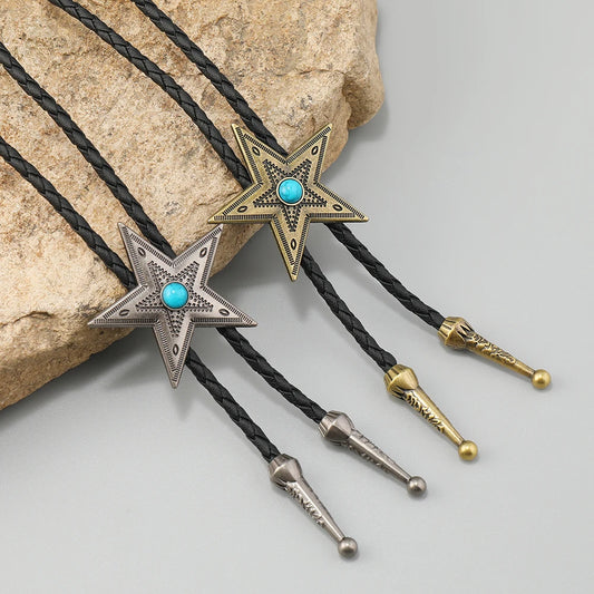 Vintage Lederkette Bolo-Krawatte für Herren, Western-Cowboy-Krawatte, Bolo-Krawatte für Hemd, modische Stern-lange Halskette