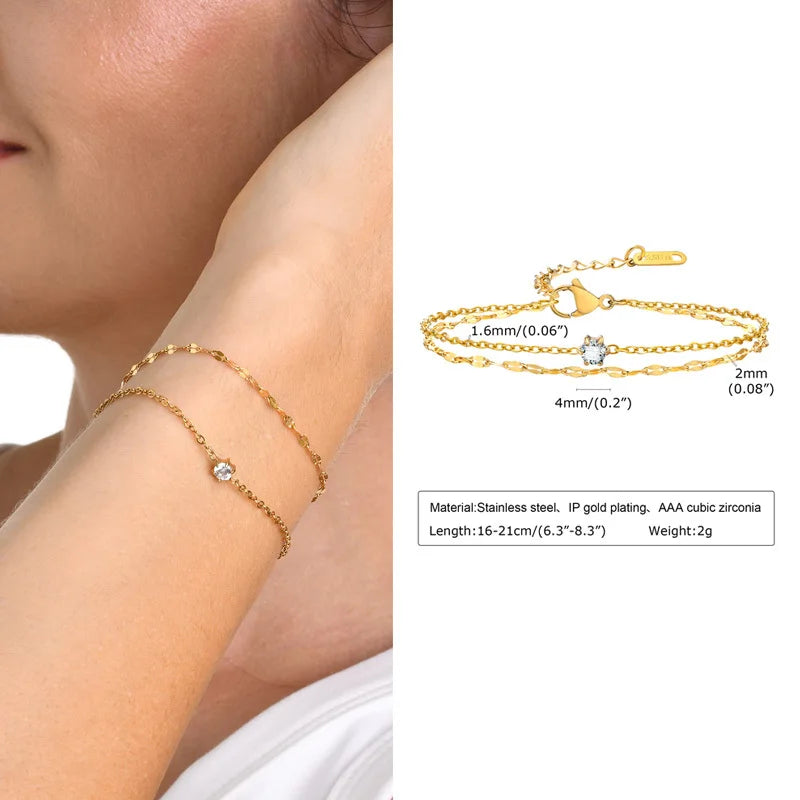 Wasserdichtes mehrlagiges Fußkettchen-Armband für Damen, verstellbar, vergoldet mit Zirkonia-Edelstahl-Gliederfußkette, Schmuck