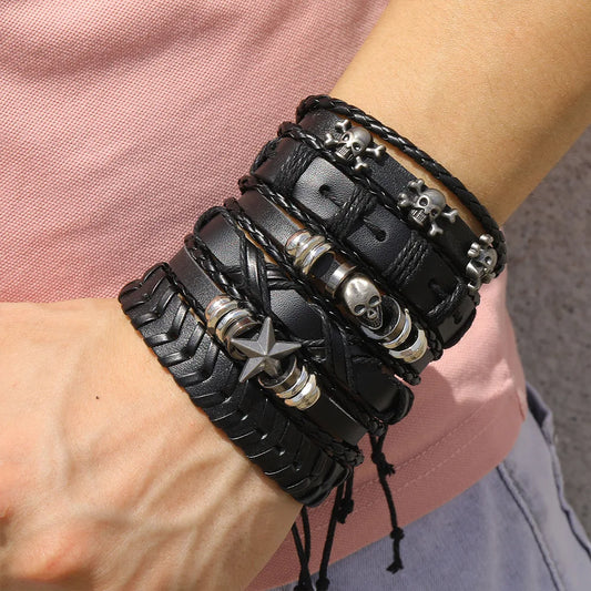 Mode Armband Viking Armband für Männer Hand Armbänder gewebt Schädel Hand Schmuck verstellbare Leder Set Viking Mann Armband