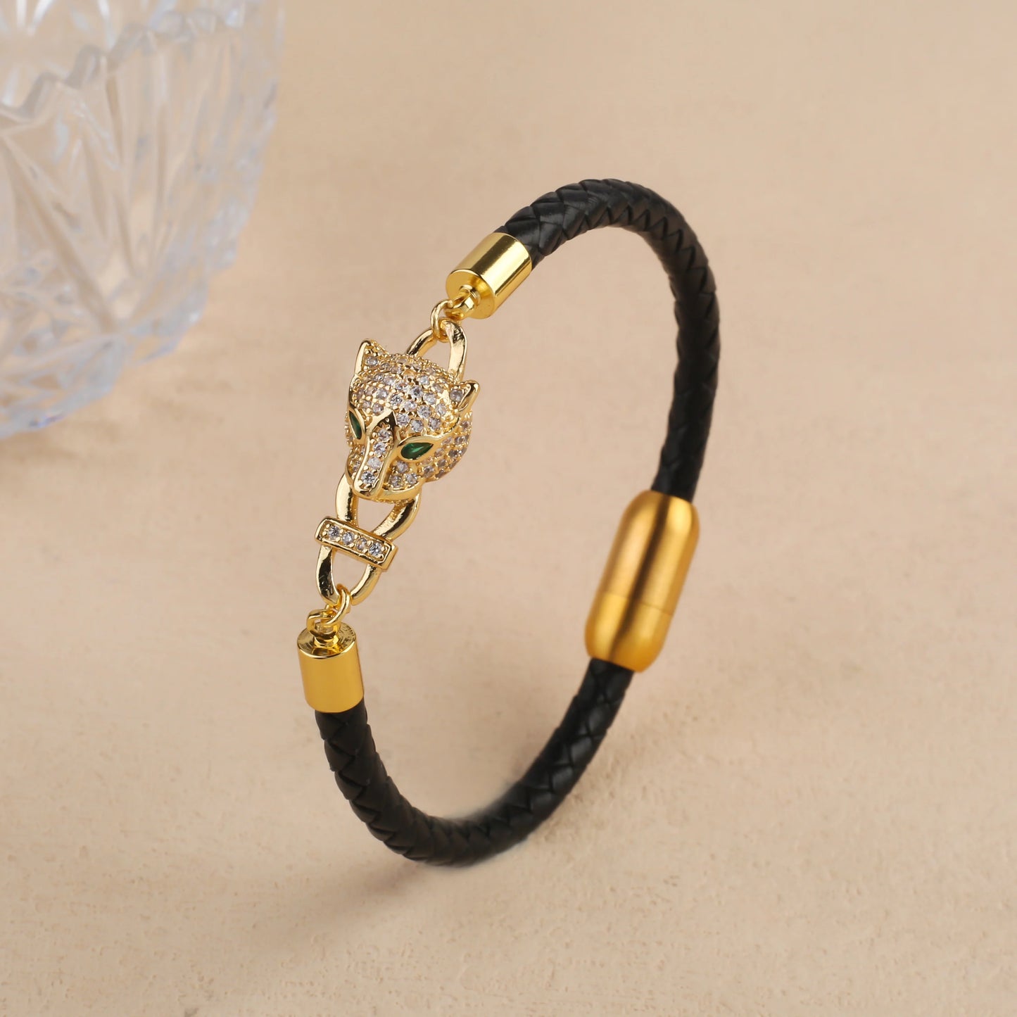 Voller Zirkonia, Leoparden-Tier-Leder, geflochtenes Edelstahl-Armband, klassisch für Mann und Frau, täglicher Party-Schmuck, Geschenk