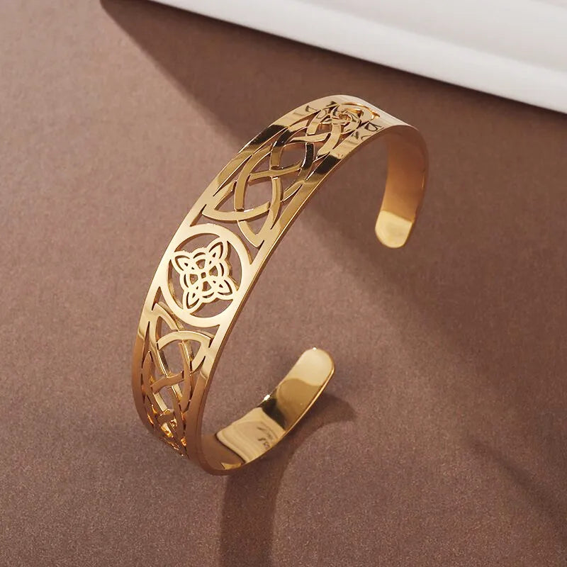 Hexenknoten-Manschettenarmband aus Edelstahl, heidnisches Hexerei-Symbol, magischer Knoten, viel Glück, Amulett, Armreifen, keltischer Knoten, Schmuck