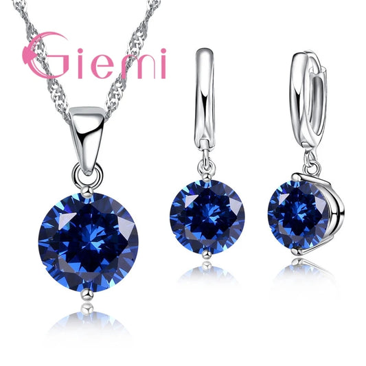 Heißer Verkauf, beliebt, klassisch, rund, 925er Silber, Hochzeit, Verlobung, Schmuck-Sets für Frauen, Anhänger, Halskette, Creolen