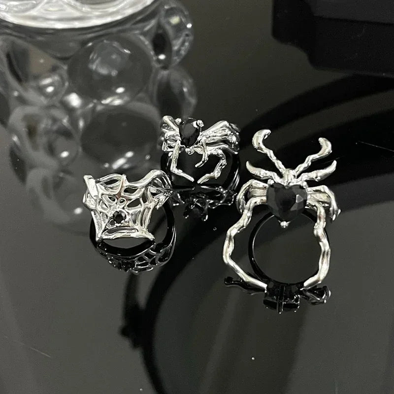 3 Stile Galvanik Schwarzes Herz Spinnennetz Öffnung Fingerringe Unregelmäßige Y2K Vintage Ringe Punk Gothic Schmuck Party Geschenke
