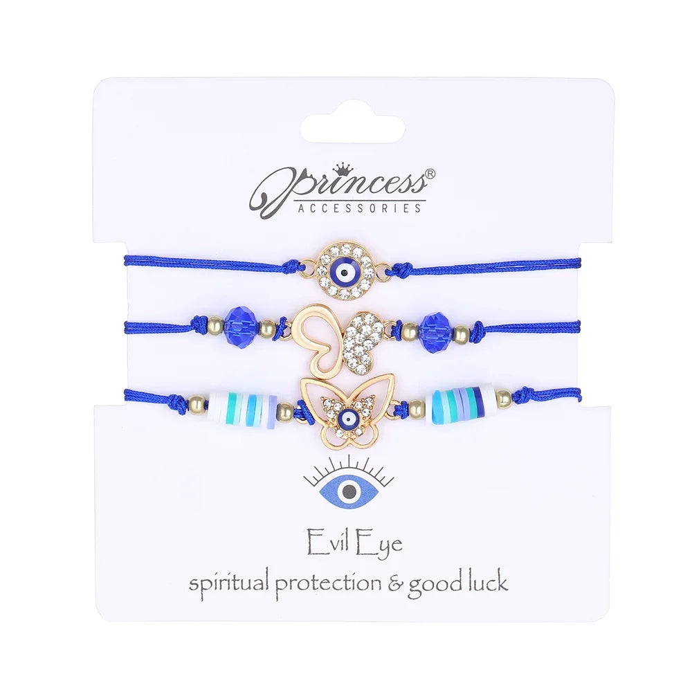 3 Stück türkische böse Blick Palm Schmetterling Armbänder für Männer Frauen Glücksaugen Perle runde gewebte Kette Armbänder Schmuck Geschenk