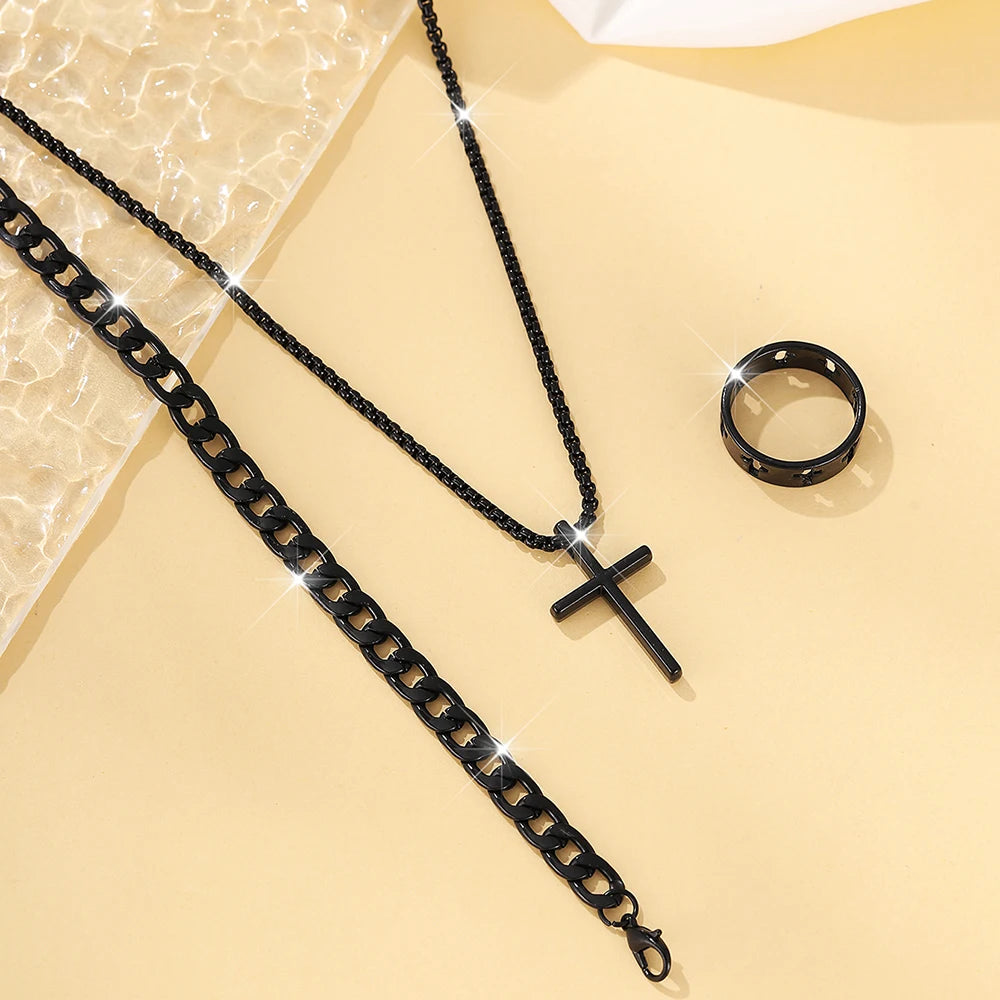 3 teile/satz männer Edelstahl Metall Kreuz Anhänger Kette Halskette Armband Ring Schmuck-Set Männlichen Hip Hop Täglichen Verschleiß zubehör