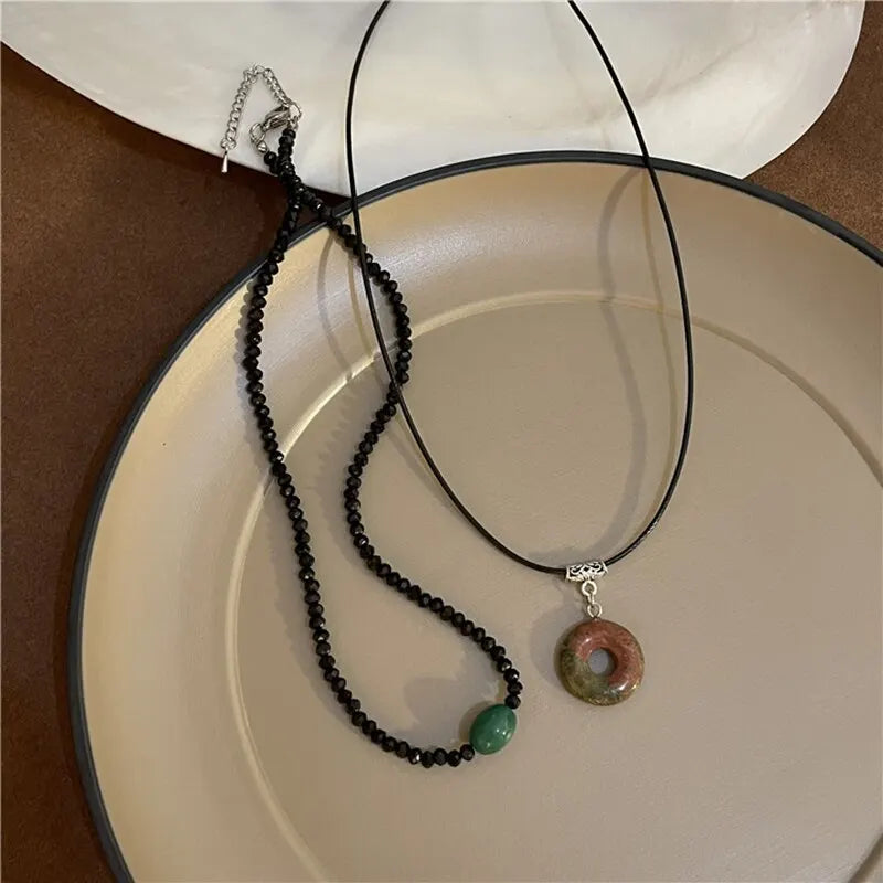 2-teiliges Halsketten-Set mit Vintage-Friedenschnalle-Anhänger, Naturstein-Perlen, Ketten, Halsband-Halsketten-Set für Damen und Herren, chinesischer Stil, Schmuck
