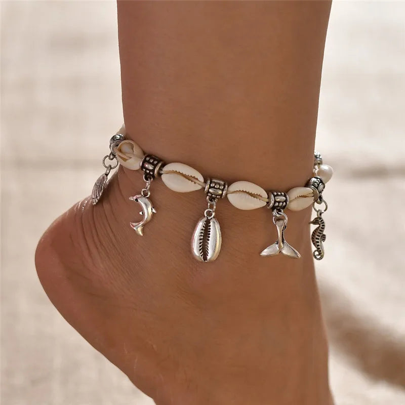 Modyle Vintage Silber Farbe Perlen Seestern Fußkettchen Für Frauen Handgemachte Perlen Knöchel Armband Sommer Strand Fuß Schmuck