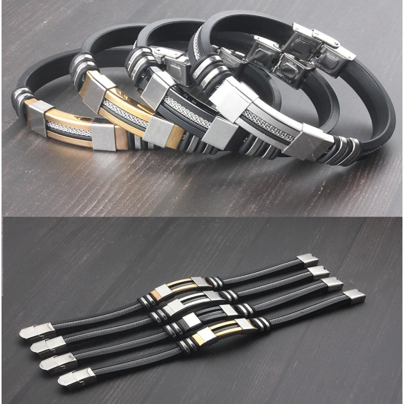 HNSP Edelstahl Silikon Leder Armband Für Männer Kabel Linie Hand Kette Punk Schmuck Zubehör Männlich Geschenk