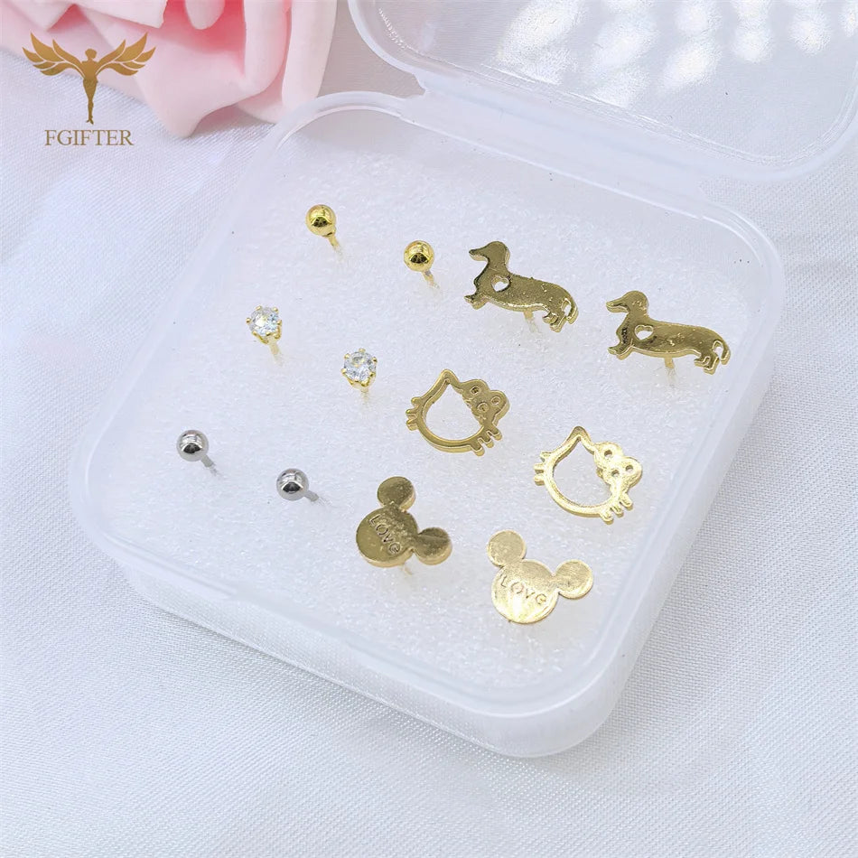 6-teiliges Ohrstecker-Set aus chirurgischem Edelstahl, niedlicher Haustier, Hund, Katze, Tier, goldener Schmuck, Damen- und Mädchen-Accessoires, Geschenk mit Box
