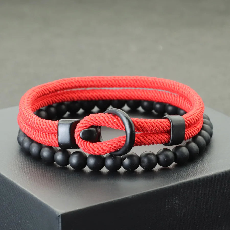 Noter Neue 2 Teile/satz Männer Armband Set Doppel Schicht Seil Nautischen Armband 6mm Schwarz Onyx Stein Armband Freizeit Zubehör pulseria