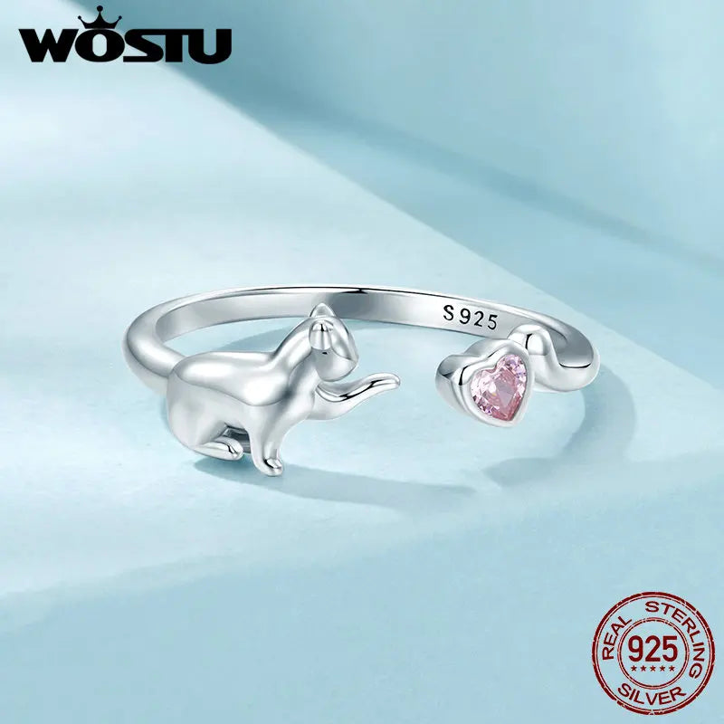 WOSTU 925 Sterling Silber Katze Haustier Einstellbare Ringe Für Frauen Tier Hund Offenen Ring Familie Tochter Geburtstag Schmuck Mädchen Geschenk