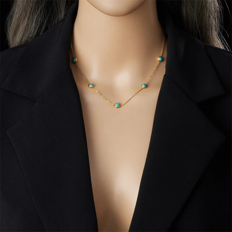 DIEYURO 316L Edelstahl Türkis Einfachheit Goldene Halskette Ohrringe Für Frauen 2024 Neue Mode Schmuck Set Party Geschenke