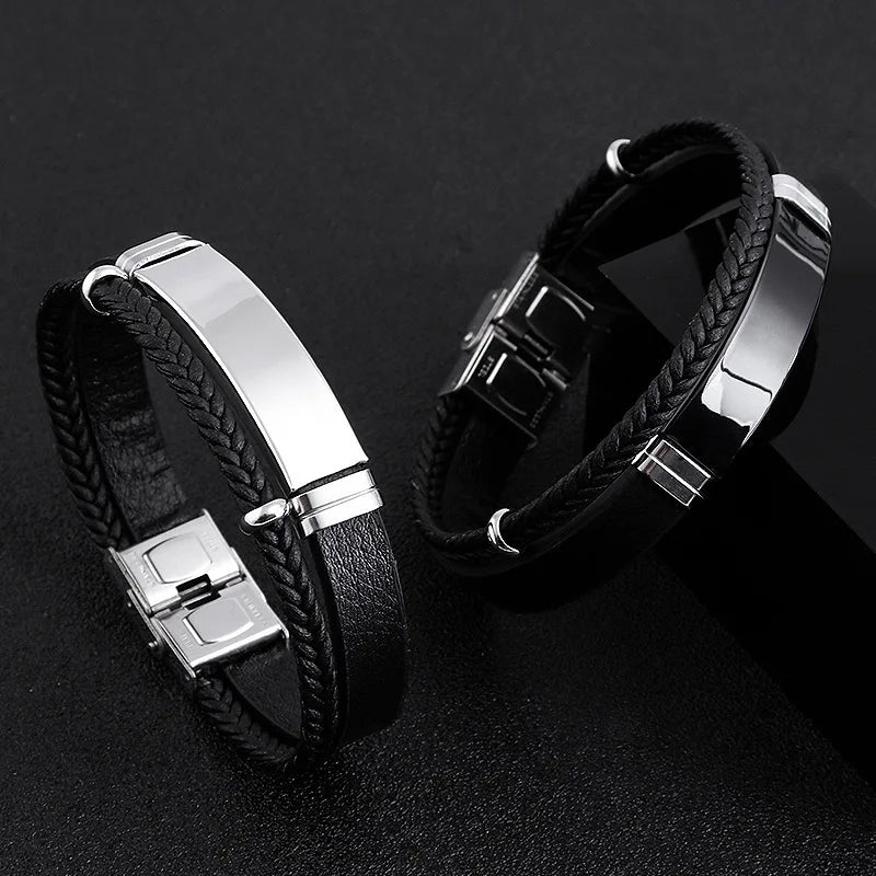 Homme Edelstahl Armband Doppel Schicht Twist Geflecht Leder Seil Armbänder Für Männer Hiphop Rock Mode Schmuck Zubehör