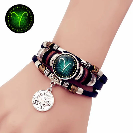 Sternenhimmel Sternzeichen Leuchtendes Lederarmband Mehrschichtiges Perlenleder Herren Schnappverschluss Damen Armband Freundschaftsarmbänder