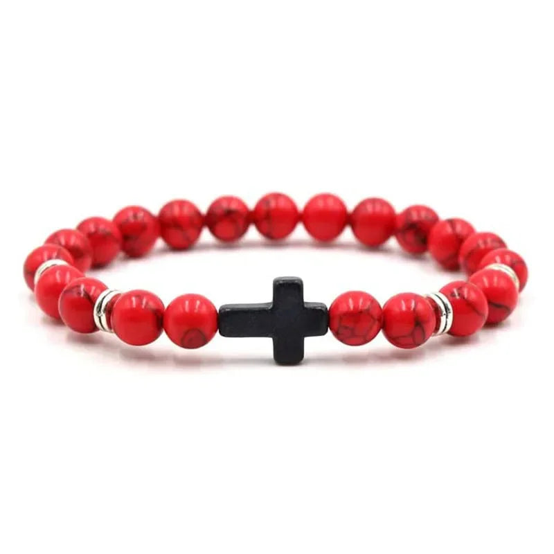 Gebet Männer Naturstein Holz Perlen Rosenkranz Hämatit Kreuz Armbänder Onyx Meditation Armband Frauen Yoga Schmuck Homme Pulsera