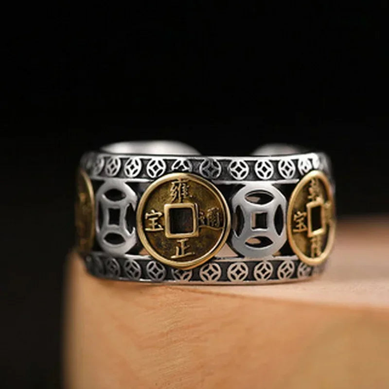 Chinesischer Feng Shui Pixiu Ring, versilbert, Kupfermünzen, verstellbare Ringe für Damen und Herren, Amulett, Reichtum, Glücksschmuck, Geburtstagsgeschenk