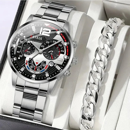 2 stücke Luxus Herren Silber Quarzuhr Mit Edelstahl Armband Männer Mode Business Casual Uhr Leuchtende Uhr