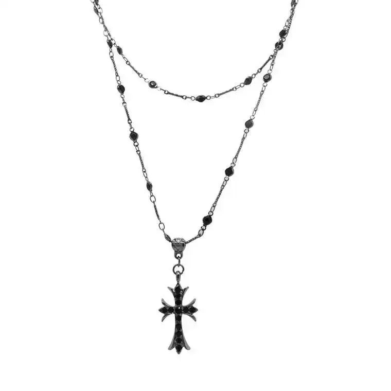 Y2K Schwarze Zirkon Kreuz Perlen Halskette für Frauen Layered Dark Gothic Stil Alternative Kultur Schmuck Anhänger Halskette