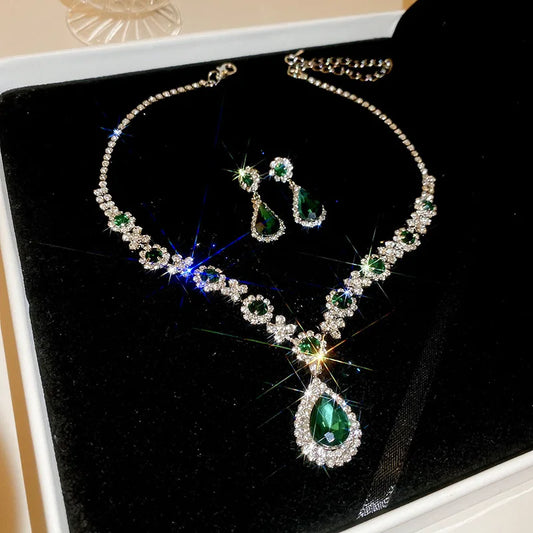 Glänzende Kristall Halskette Ohrringe Damen Mode Große Wassertropfen Strass Halsketten Hochzeit Abendkleid Schmuck Set