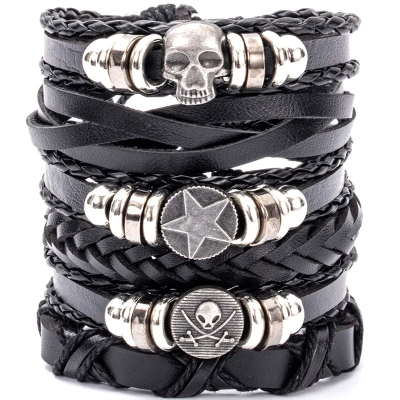 Mode Armband Viking Armband für Männer Hand Armbänder gewebt Schädel Hand Schmuck verstellbare Leder Set Viking Mann Armband