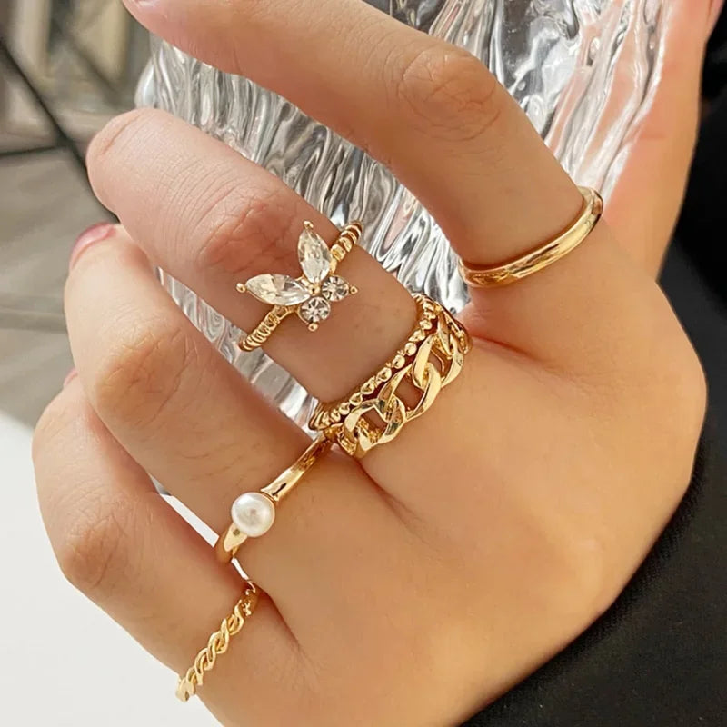 Boho Gold Farbe Herz Ringe Set Für Frauen Vintage Geometrische Kreuz Perle Schmetterling Finger Ringe Weibliche Trendy Schmuck Geschenk