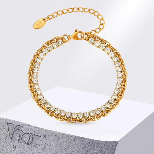 Vnox Edelstahl Zirkonia Kette Armband Für Frauen Doppel Schicht Twist Kette Charm Armband Luxus Schmuck Mädchen Geschenke