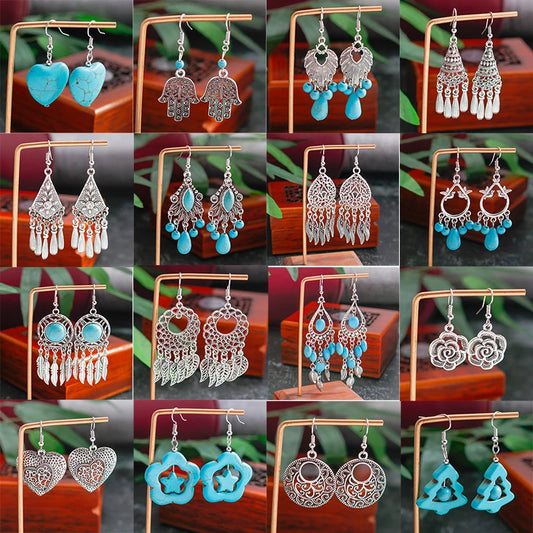 Böhmische Legierung Blume Herz Tropfen Ohrringe für Frauen Türkis Stein Quaste baumeln Ohrringe Mädchen Weihnachts geschenke