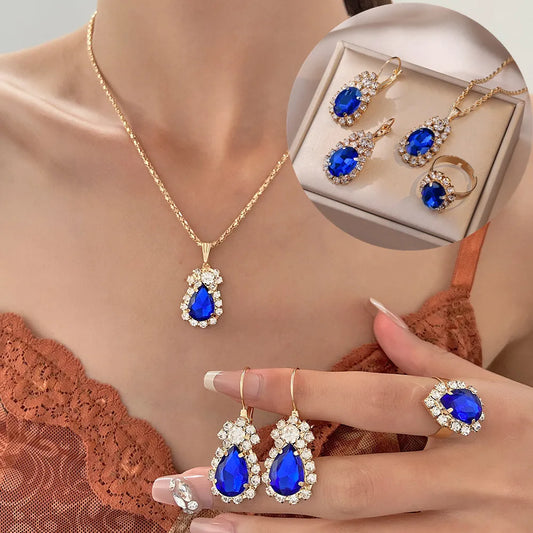Blauer Kristall Ring Halskette Ohrringe Set Hochzeit Schmuck Sets für Bräute Anhänger Ohrringe für Mädchen Frauen Afrikanische Schmuck Sets