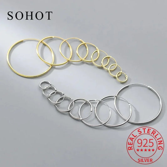 Echtes 925er-Sterlingsilber, 1,2/1,5 mm Drahtdurchmesser, große runde Creolen für Damen, klassischer feiner Schmuck, minimalistische Accessoires