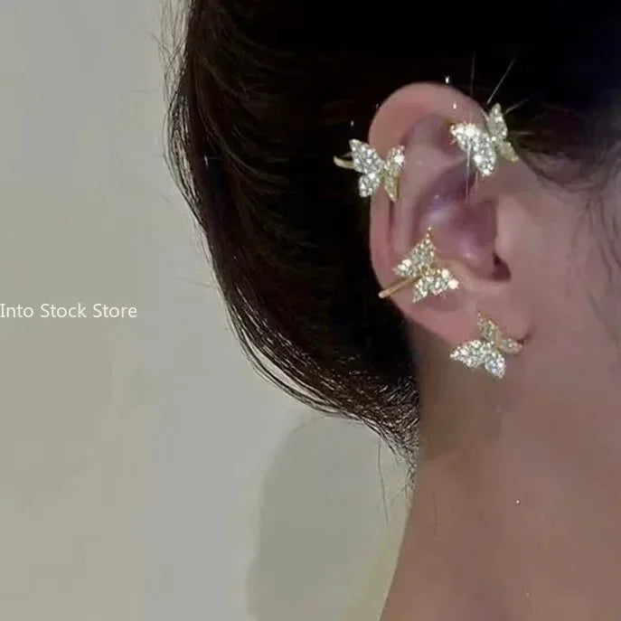 Glänzende Zirkon Schmetterling Ohr Manschette Gold Farbe Quaste Clip auf Ohrringe für Frauen Korea Stil Kupfer Ohrring Ohne Piercing Schmuck