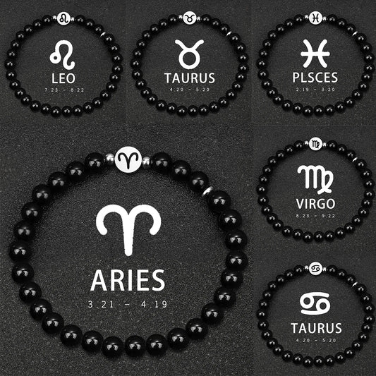 Armband mit 12 Sternzeichen, 6 mm, Naturstein, Obsidian, Edelstahl, Steinbock, Schütze, Herrenarmband, Damenarmband, Sieraden