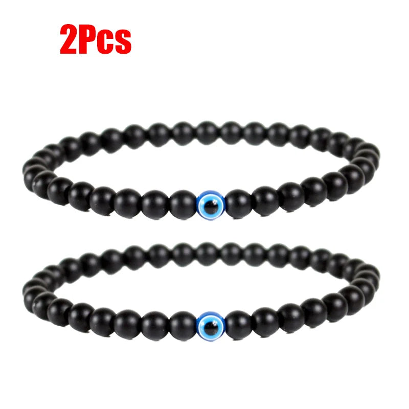 2 Stück türkische blaue böse Augen Armband schwarze Natursteinperlen Obsidian Männer Beacelet für Frauen Männer Yoga Hand Schmuck Geschenke 6 mm