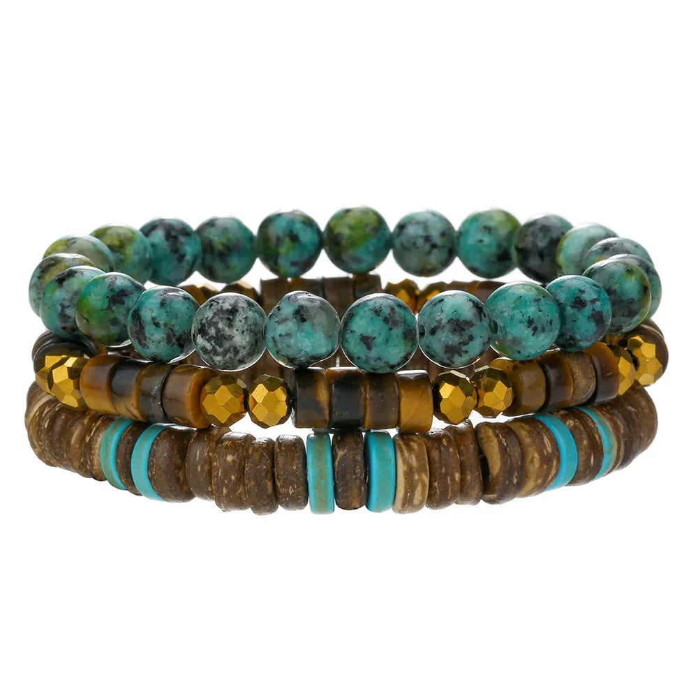 Meistverkaufte mehrschichtige Buddha-Holzperlen-Armbänder-Sets für Herren im Retro-Stil, mehrschichtiges, elastisches Faden, verstellbares Holzarmband