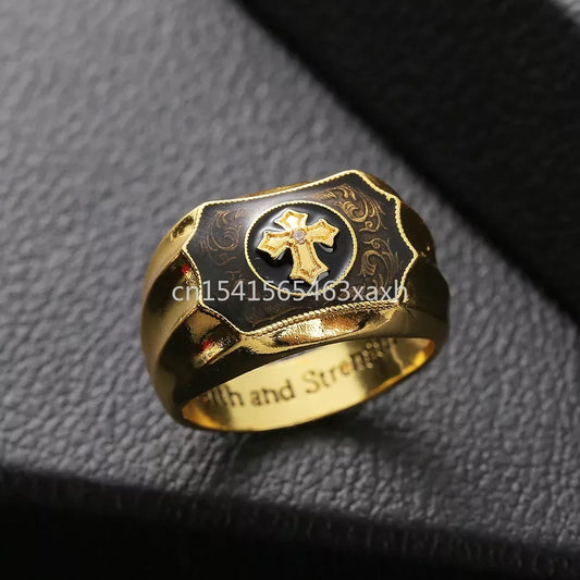 Kreativer goldfarbener künstlicher schwarzer Onyx Kreuz Glaube und Stärke Ring für Männer Party Charm Geschenk Großhandel