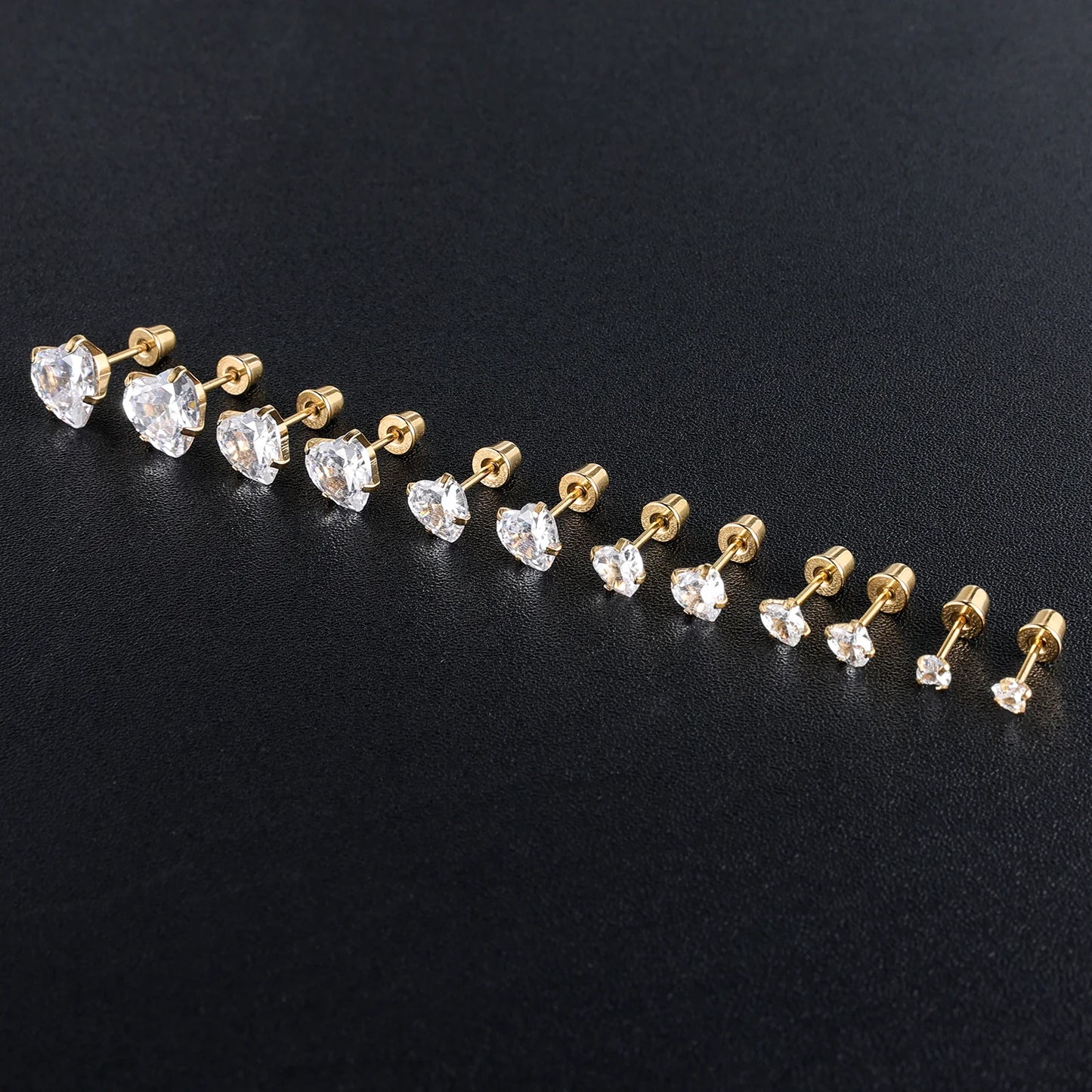 6-teiliges Ohrstecker-Set aus Edelstahl mit Schraubverschluss, vergoldet, Herz, Stern, quadratisch, Prinzessinnenschliff, rund, Zirkonia, CZ
