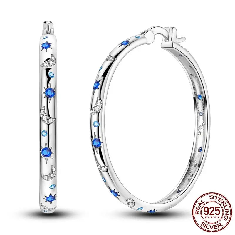 Leuchtende Muschel-Ohrringe für Damen, Original-Ohrringe aus 925er-Sterlingsilber, Pavé-CZ-Stern, Mond, Creolen, Verlobung, Hochzeit, Schmuck
