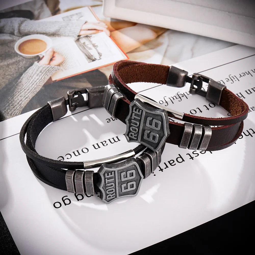 Neues trendiges amerikanisches Route 66-Armband mit bedrucktem Muster, Herrenarmband, Metall, mehrschichtiges Lederarmband, Zubehör, Party-Schmuck